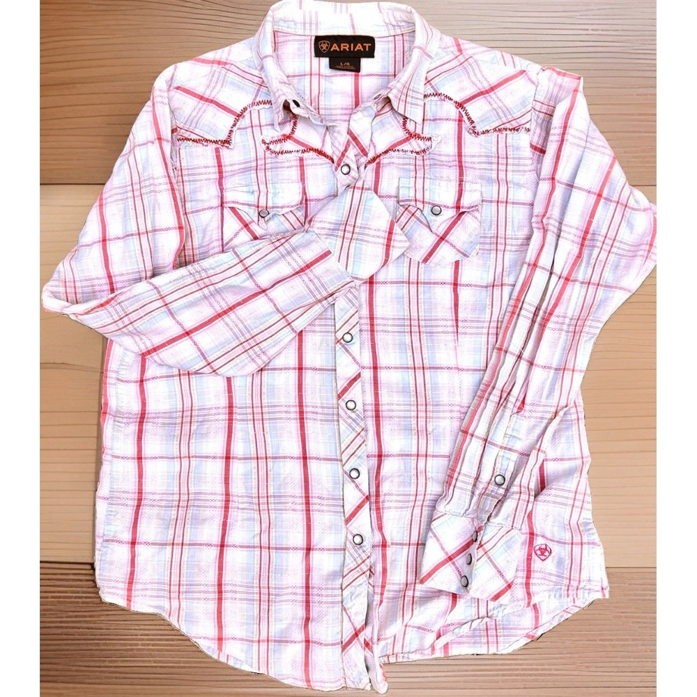 Ariat Womens Lrg Western Snap Shirt Plaid Metallic Embroidered Raw Edge Cotton